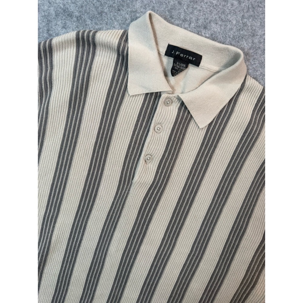 J Ferrar Mens XL Knit Polo Shirt Beige Charcoal Stripe 100% Cotton Retro